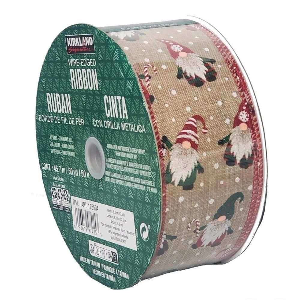 Kirkland Signature Christmas Holiday Gnome Wire Edged Ribbon 2.5” X 50 Yards New